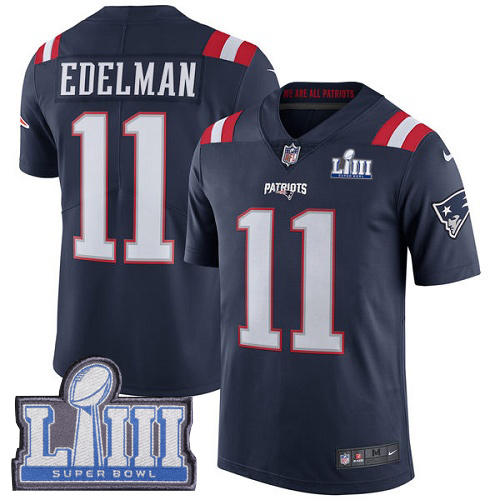Nike New England Patriots #11 Julian Edelman Navy Blue Super Bowl LIII Bound Youth Stitched NFL Limited Rush Jersey