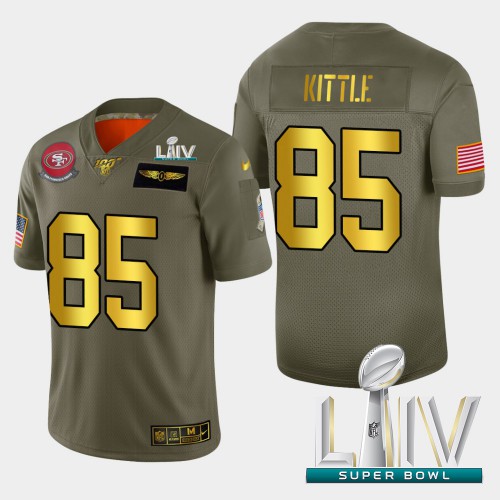 Nike San Francisco 49ers #85 George Kittle Men’s Olive Gold Super Bowl LIV 2020 2019 Salute to Service NFL 100 Limited Jersey