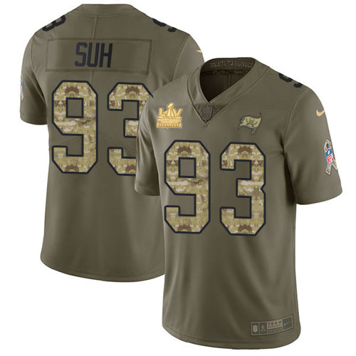 Nike Tampa Bay Buccaneers #93 Ndamukong Suh Olive/Camo Men’s Super Bowl LV Champions Patch Stitched NFL Limited 2017 Salute To Service Jersey
