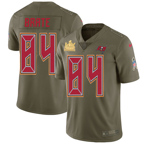 Nike Tampa Bay Buccaneers #84 Cameron Brate Olive Men’s Super Bowl LV Champions Patch Stitched NFL Limited 2017 Salute To Service Jersey
