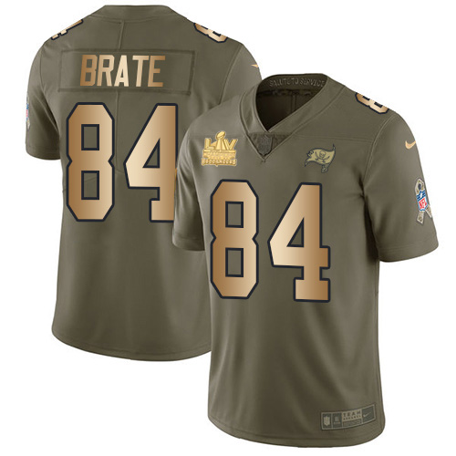 Nike Tampa Bay Buccaneers #84 Cameron Brate Olive/Gold Men’s Super Bowl LV Champions Patch Stitched NFL Limited 2017 Salute To Service Jersey