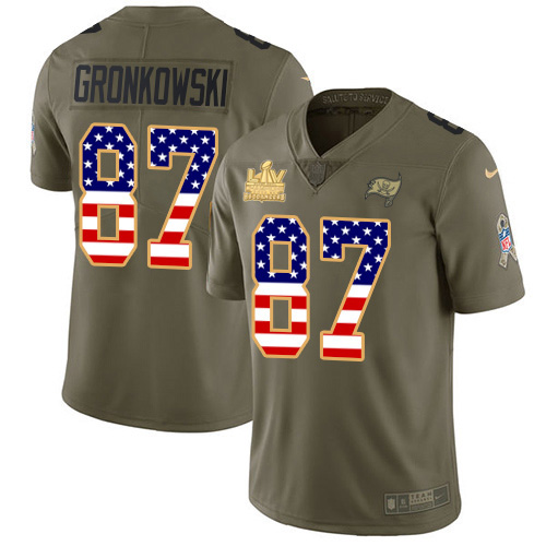 Nike Tampa Bay Buccaneers #87 Rob Gronkowski Olive/USA Flag Men’s Super Bowl LV Champions Patch Stitched NFL Limited 2017 Salute To Service Jersey