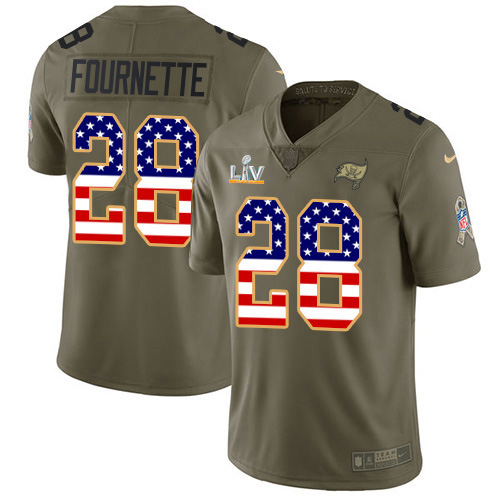 Tampa Bay Buccaneers #28 Leonard Fournette Olive/USA Flag Men’s Super Bowl LV Bound Stitched NFL Limited 2017 Salute To Service Jersey