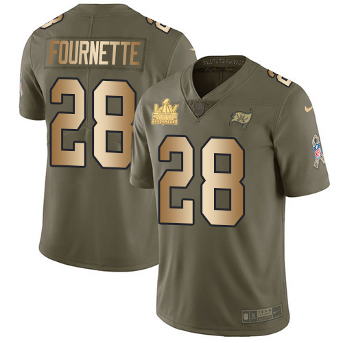 Tampa Bay Buccaneers #28 Leonard Fournette Olive/Gold Men’s Super Bowl LV Champions Patch Stitched NFL Limited 2017 Salute To Service Jersey