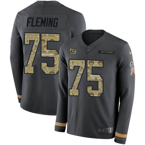 Nike New York Giants #75 Cameron Fleming Anthracite Salute to Service Men’s Stitched NFL Limited Therma Long Sleeve Jersey