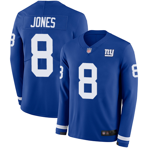 Nike New York Giants #8 Daniel Jones Royal Blue Team Color Men’s Stitched NFL Limited Therma Long Sleeve Jersey