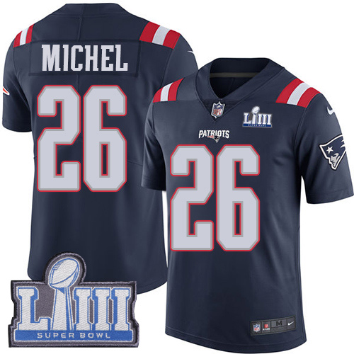 Nike New England Patriots #26 Sony Michel Navy Blue Super Bowl LIII Bound Men’s Stitched NFL Limited Rush Jersey