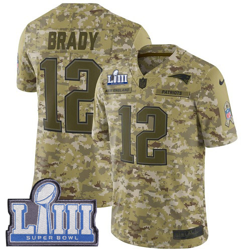 Nike New England Patriots #12 Tom Brady Camo Super Bowl LIII Bound Men’s Stitched NFL Limited 2018 Salute To Service Jersey