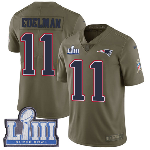 Nike New England Patriots #11 Julian Edelman Olive Super Bowl LIII Bound Men’s Stitched NFL Limited 2017 Salute To Service Jersey
