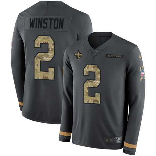 Nike New Orleans Saints #2 Jameis Winston Anthracite Salute to Service Men’s Stitched NFL Limited Therma Long Sleeve Jersey