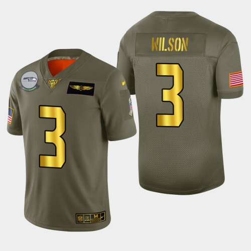 Seattle Seahawks #3 Russell Wilson Men’s Nike Olive Gold 2019 Salute to Service Limited NFL 100 Jersey