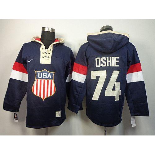 Team USA Olympics #74 T. J. Oshie Navy Blue Sawyer Hooded Sweatshirt Stitched NHL Jersey