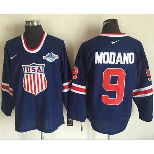 Team USA #9 Mike Modano Navy Blue 2014 Olympic Nike Throwback Stitched NHL Jersey