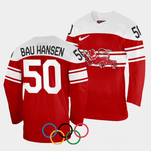 Denmark Hockey #50 Mathias Bau-Hansen Men’s 2022 Winter Olympics Away Jersey – Red Men’s