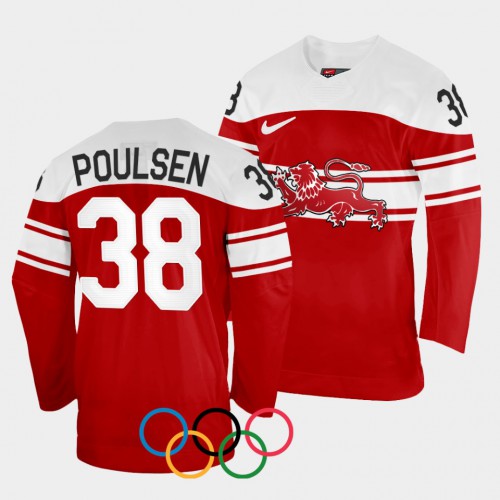Denmark Hockey #38 Morten Poulsen Men’s 2022 Winter Olympics Away Jersey – Red Men’s