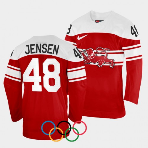 Denmark Hockey #48 Nicholas Jensen Men’s 2022 Winter Olympics Away Jersey – Red Men’s