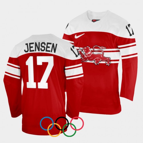 Denmark Hockey #17 Nicklas Jensen Men’s 2022 Winter Olympics Away Jersey – Red Men’s