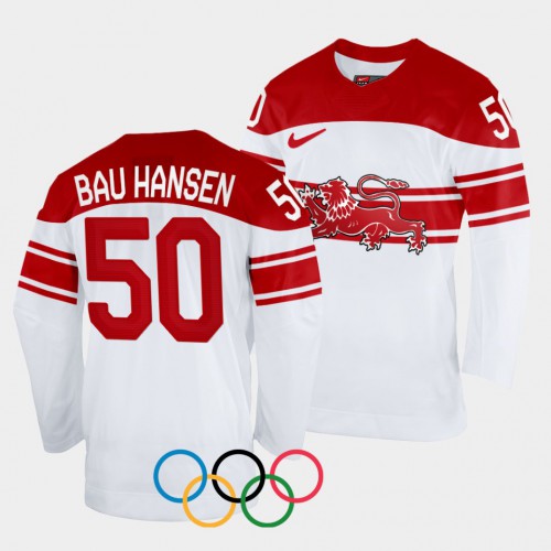 Denmark Hockey #50 Mathias Bau-Hansen Men’s 2022 Winter Olympics Home Jersey – White Men’s