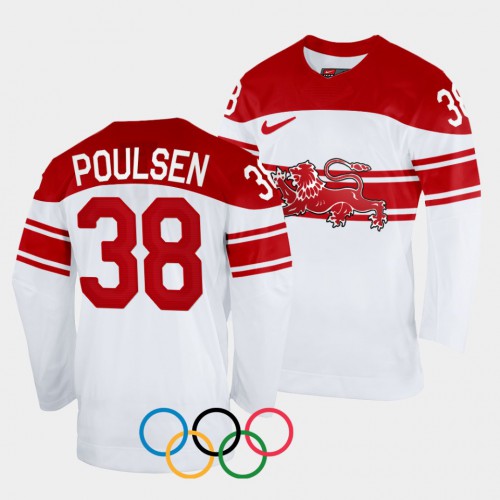 Denmark Hockey #38 Morten Poulsen Men’s 2022 Winter Olympics Home Jersey – White Men’s