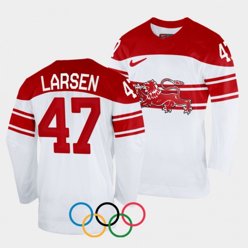 Denmark Hockey #47 Oliver Larsen Men’s 2022 Winter Olympics Home Jersey – White Men’s